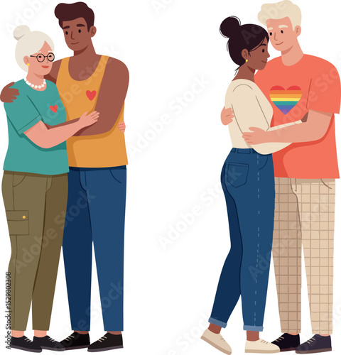 Diverse couples embracing with love and pride in casual clothing vector illustration 