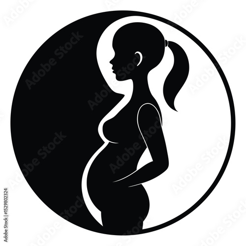 Silhouette of a pregnant woman inside a yin yang symbol of harmony and balance