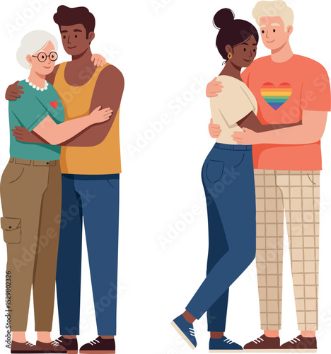 Diverse Couples Embracing with Rainbow Heart Shirt Symbolizing LGBTQ Pride and Love Equality 