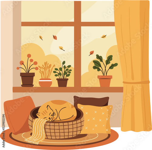 Cozy Autumn Indoor Scene with Sleeping Cat on Basket by Window with Plants and Yellow Curtains 