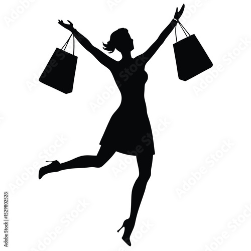 Silhouette of an excited woman jumping with shopping bags against a white background