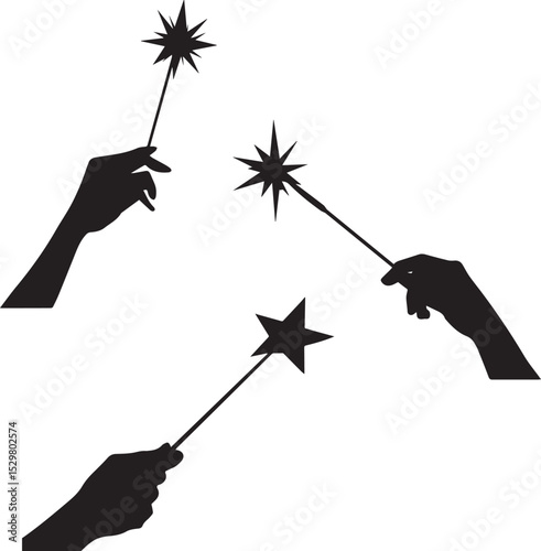 Set of Hands Holding Magic Wands with Sparkling Stars, Perfect for Fantasy, Fairy Tales, and Magical Themes in Graphic Design and Illustrations