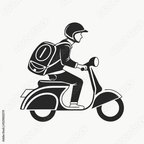 Delivery person riding vintage scooter with backpack
