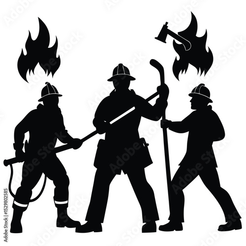 Silhouette of firefighters in action representing bravery and courage against flames and blaze