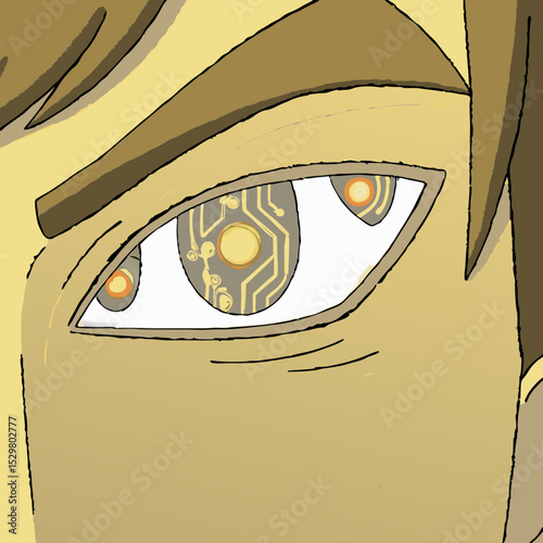 Close up of a cyborg eye with circuit board reflections