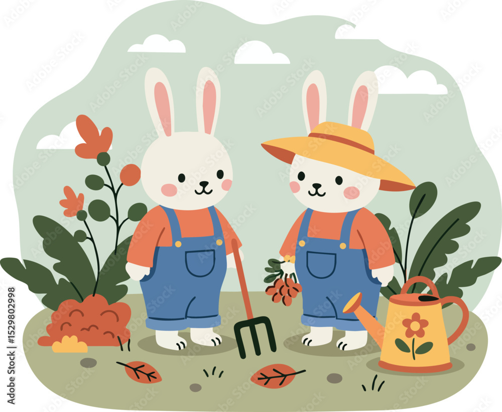 Two Rabbits Gardening with Watering Can and Pitchfork in Greenery Vector Illustration Two Rabbits Gardening with Watering Can and Pitchfork in Greenery Vector Illustration