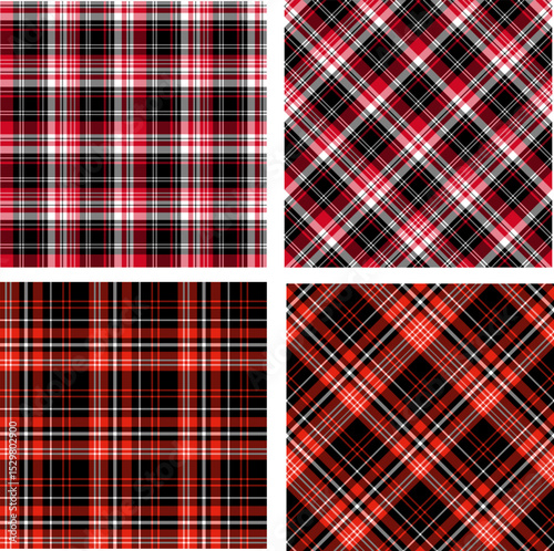 Set with checkered background in cute red and black colors for plaid, fabric, textile, clothes, tablecloth and other things. Vector image.