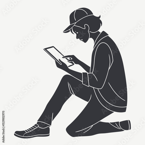 Young person sitting using tablet digital device technology