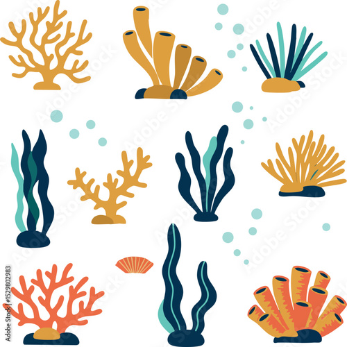 Colorful underwater coral reef elements with seaweed and bubbles vector illustration 