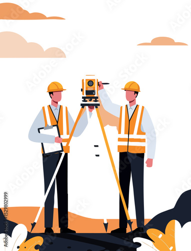 Construction workers using surveying equipment with orange safety vests and helmets in landscape orientation vector illustration 