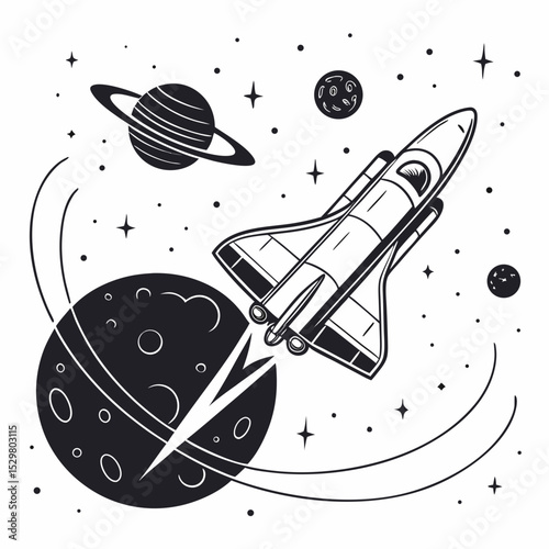 Space shuttle rocket launching past planets stars cosmos