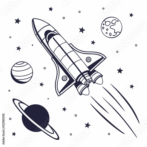 Space shuttle soaring through cosmos planets stars