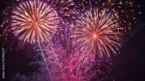 Amazing colorful display of fireworks on black backgound. Celebration concept, banners, cards