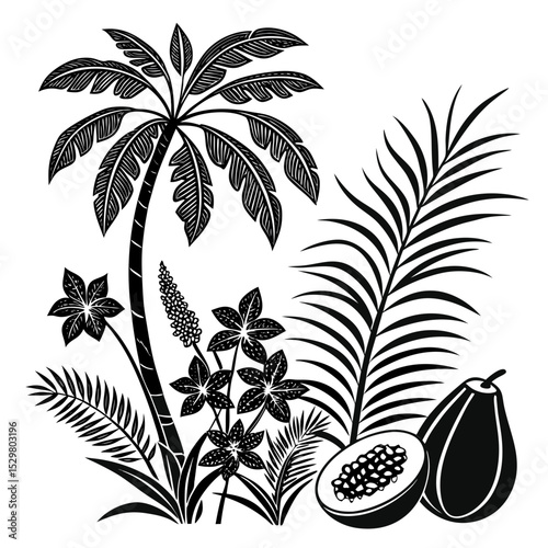 Tropical paradise palm tree papaya fruit design element