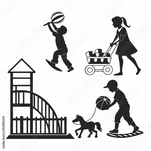 Children playing outdoors silhouettes playground toys fun