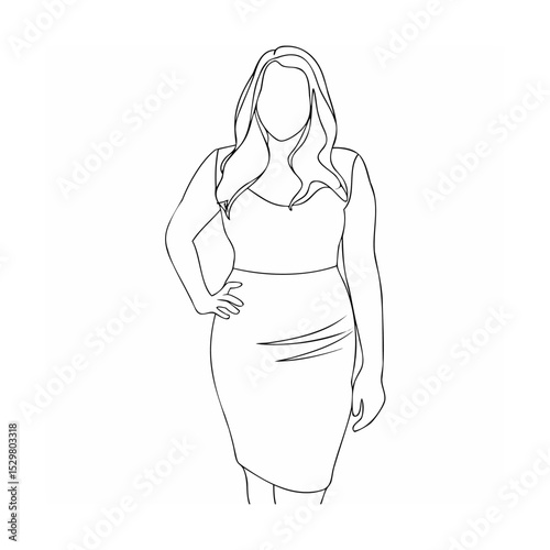 Elegant line drawing of a woman in a dress with long flowing hair posing confidently