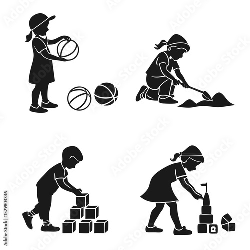 Children playing with toys balls blocks sandpit