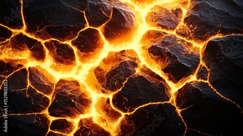 Molten lava flowing through fractured rock formations.