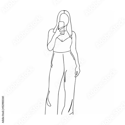 Elegant line art illustration of a woman taking a selfie with a modern smartphone
