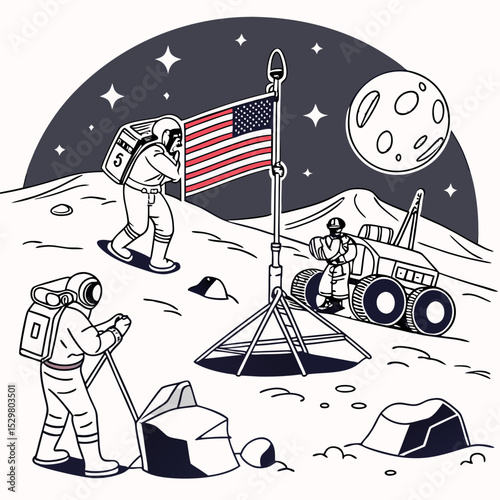 Astronauts planting american flag on moon surface lunar exploration mission