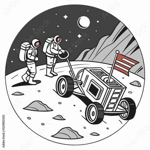 Astronauts exploring moon surface with rover and flag