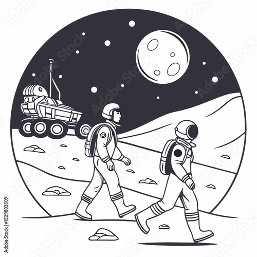 Two astronauts exploring moon surface rover lunar mission