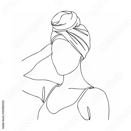 Minimalist line drawing of a woman with a turban perfect for beauty and wellness
