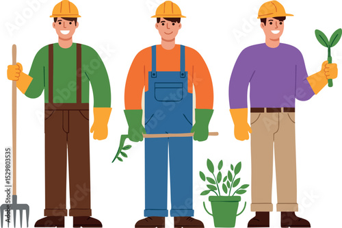 Male Gardeners Holding Plants and Tools Wearing Protective Gloves and Helmets Vector Illustration 