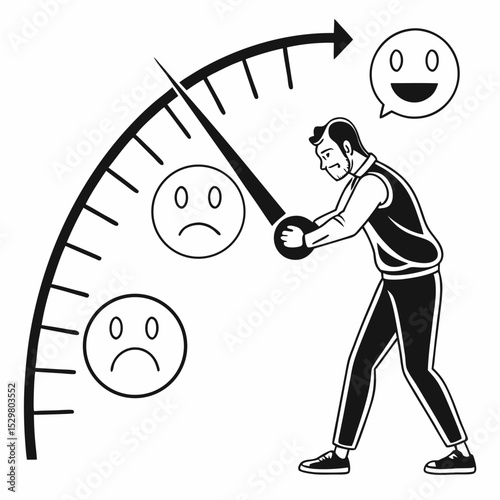 Man increasing happiness meter gauge improving mood positive emotions