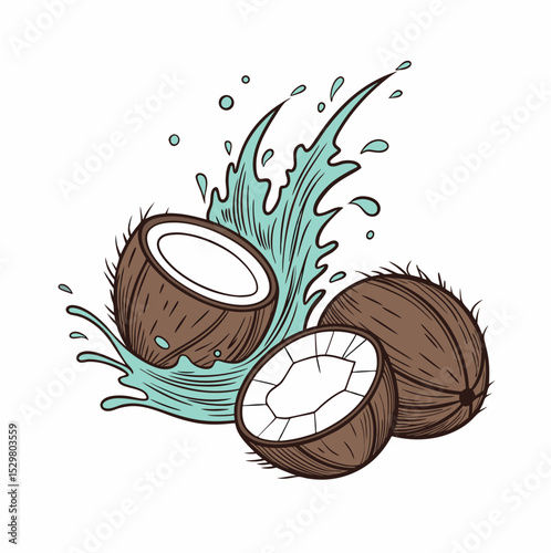 Fresh and tropical coconut fruits vector illustration on white background. Includes whole, halved, and sliced coconuts with lush detail. Perfect for comics, t-shirts, POD, and summer themes.