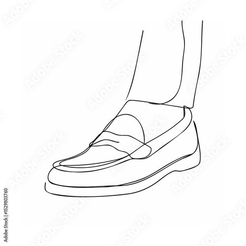 Elegant line art illustration depicting a classic penny loafer on a person's foot in monochrome