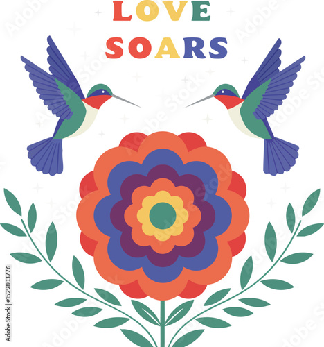 Colorful hummingbirds flying around vibrant flower with love soars text vector illustration 