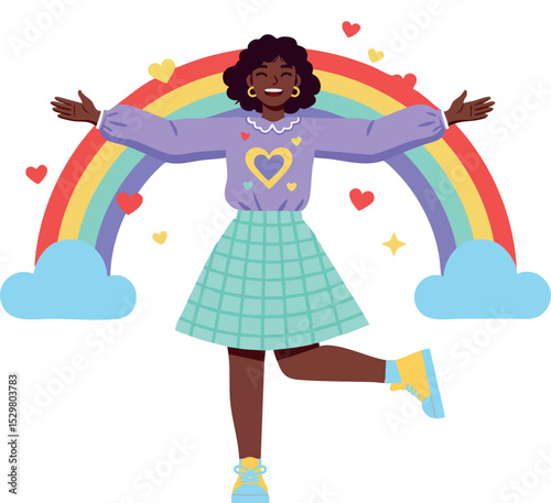 Happy woman with open arms standing in front of colorful rainbow vector illustration  photo
