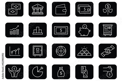 Finance business thin line icon. Money, budget, savings, loan, cash, earning icon set. money icon set.  finance symbol for app, ui, website.