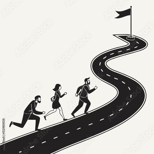 Businesspeople running towards a goal on winding road