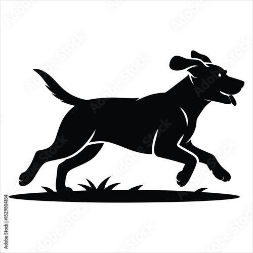 a medium-sized dog running energetically on flat ground side profile view with all four legs visible in motion