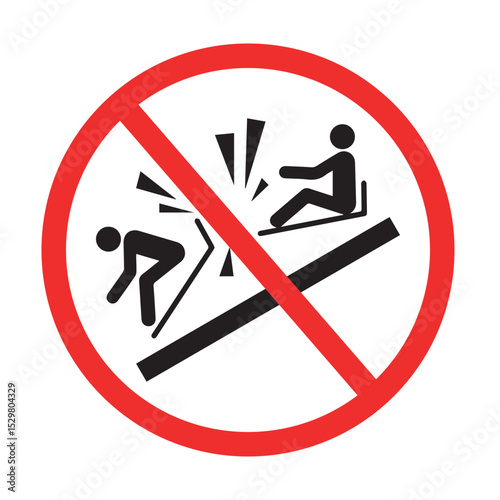 prohibition sign indicating no sliding or falling from slide with person in red circle, safety warning symbol