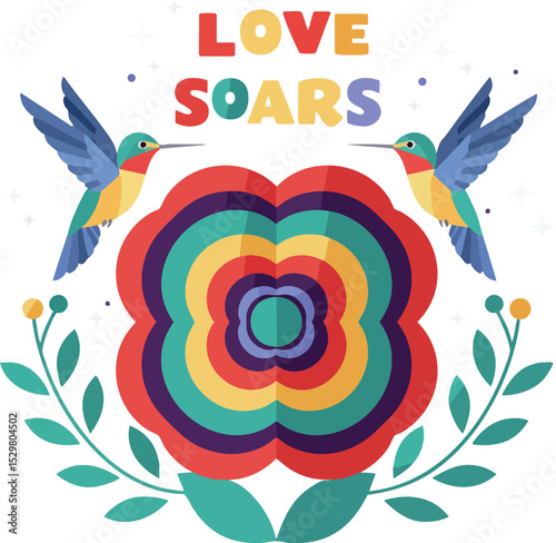 Colorful flower with hummingbirds and love soars text romantic nature illustration vector 