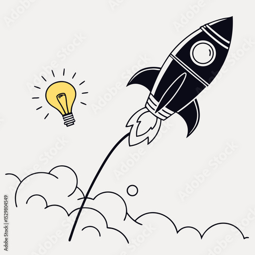 Rocket launching innovation idea lightbulb startup success