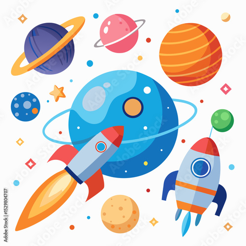 Rockets planets stars space exploration cartoon illustration