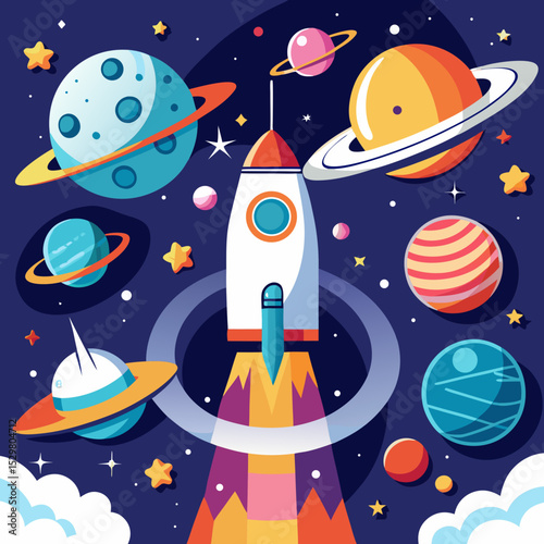 Rocket launching into colorful space with planets and stars