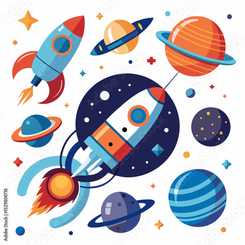 Rockets planets stars space exploration cartoon illustration