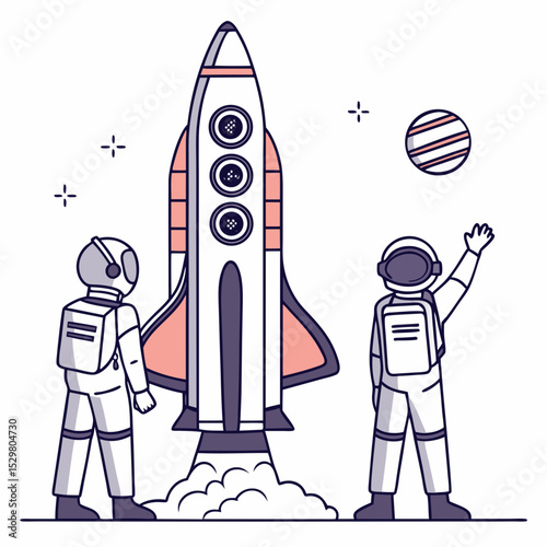 Two astronauts watching rocket launch space exploration adventure