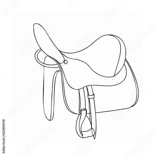 Detailed black and white line art illustration of a horse saddle with stirrup and girth