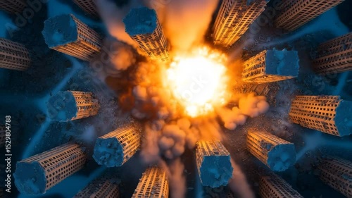 Aerial view of a large explosion among ruined buildings.
