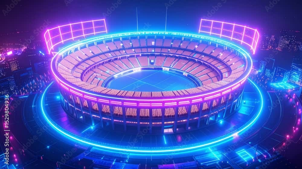 custom made wallpaper toronto digitalA colorful glowing 3D stadium model lit with neon lights representing futuristic sports technology and entertainment venues in a vibrant concept design