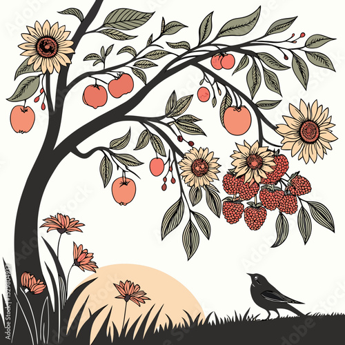 Abundant harvest tree sunflowers apples raspberries bird sunset