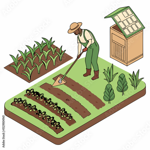 Black farmer tending to his garden using a hand tool