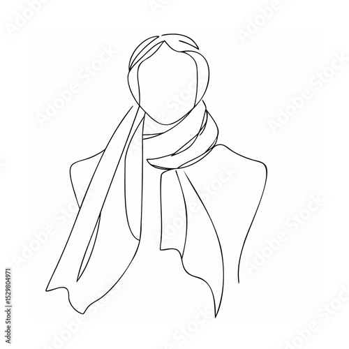 Elegant continuous line drawing depicting a woman wearing a scarf in minimalist style