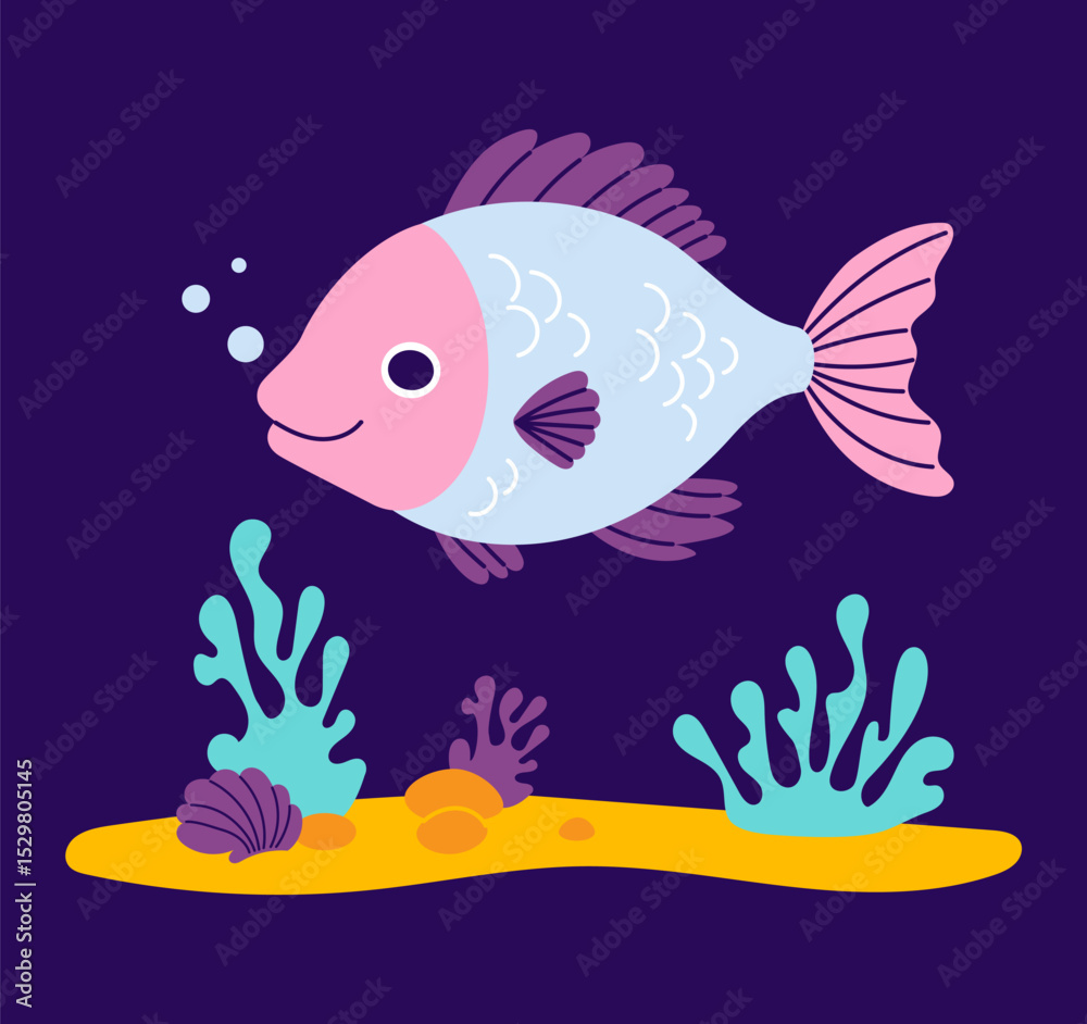 Naklejka premium Cute Fish Swimming on seabed with algae on dark blue background. Vector illustration. Kids collection